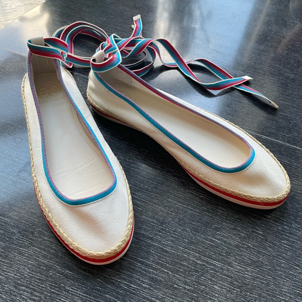 Women's Tory Burch White and Blue Espadrille Ballet Flats